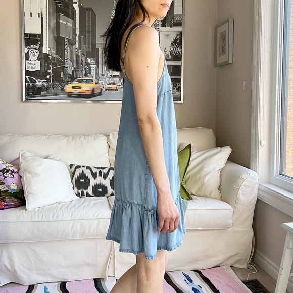 Blue chambray minidress with ruffle hem - Picture 5 of 14